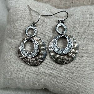 Double dangle earrings with gold & silver discs & clear crystal embellishments